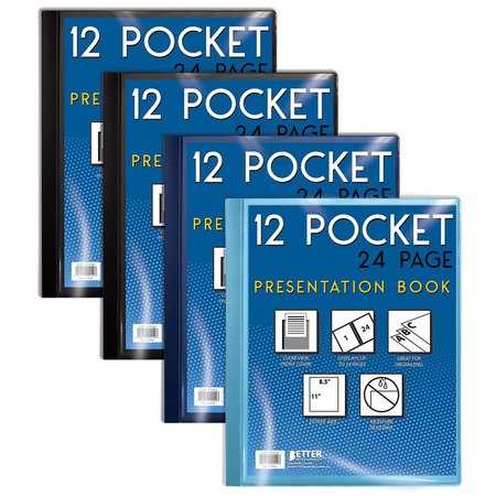 BETTER OFFICE PRODUCTS Presentation Book W/Clear Frt Pocket, 12 Pockets, Assorted Colors, 8.5in. x 11in. Clear-Pockets, 4PK 32017